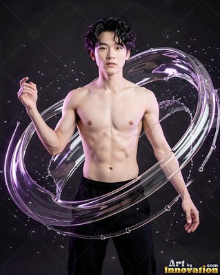 A shirtless man standing inside a ring of clear splashing water