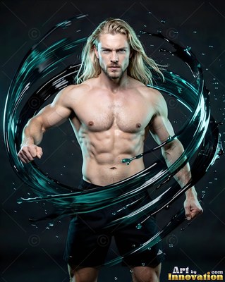 A muscular blond man poses inside a swirling loop of dark teal liquid