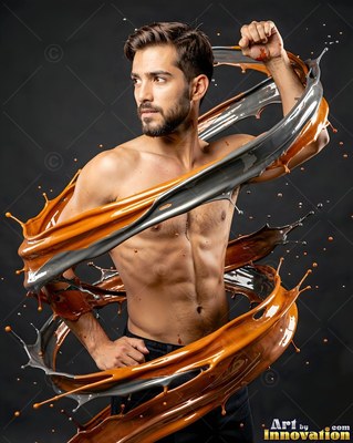 Posing shirtless, a bearded man is encircled by swirling loops of orange and silver paint
