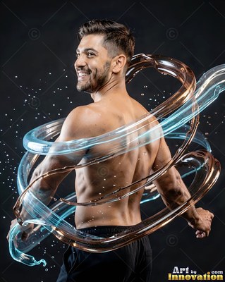 Shirtless smiling man encircled by swirling clear water streams