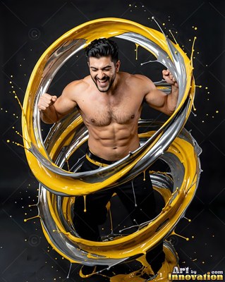 Muscular shirtless man cheers in a dark studio inside spiraling loops of yellow and silver liquid