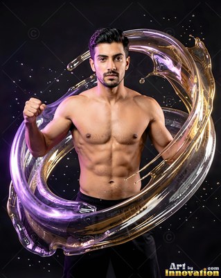 A shirtless man raises a fist as a ring of clear, gold water curls around him