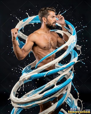 A shirtless man stands as swirls of white and light blue liquid splash around him
