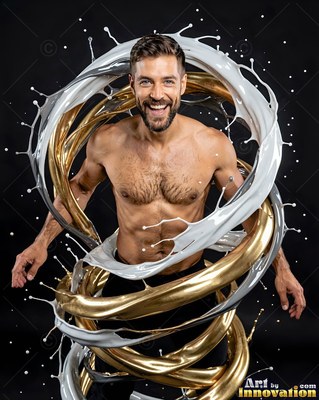 Smiling widely, a shirtless man is encircled by swirling loops of gold and white liquid