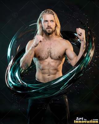 Shirtless blond man posing inside a loop of dark teal water