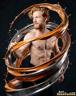 A shirtless man stands as rings of glossy caramel paint and chrome liquid swirl around him