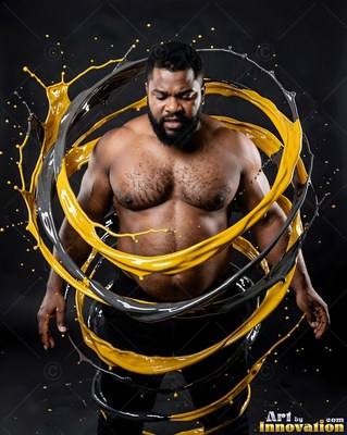 A shirtless muscular Black man is encircled by flying rings of yellow and gray paint