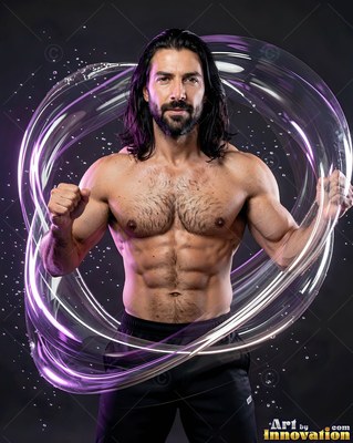 In a dark studio, a shirtless muscular man stands encircled by purple water loops