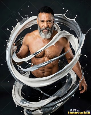 A shirtless man stands as ribbons of glossy white and silver paint splash around him