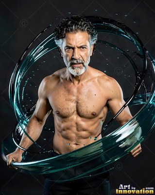 Facing forward in a dark studio, a shirtless man holds swirling teal water rings
