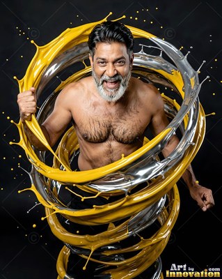 In a dark studio, a shirtless man smiles inside swirling yellow and silver paint