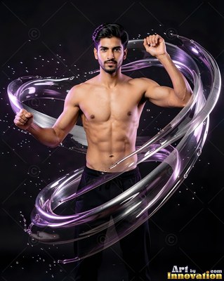Posing with raised fists, a shirtless man is standing inside swirling rings of water