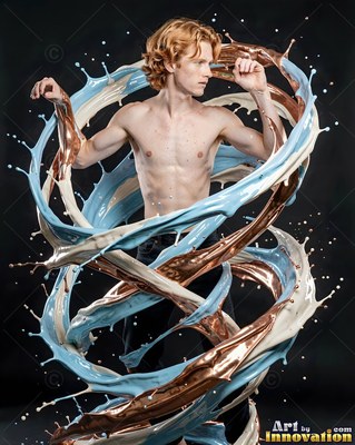 Red hair frames a shirtless man surrounded by swirling blue and bronze paint in a dark studio