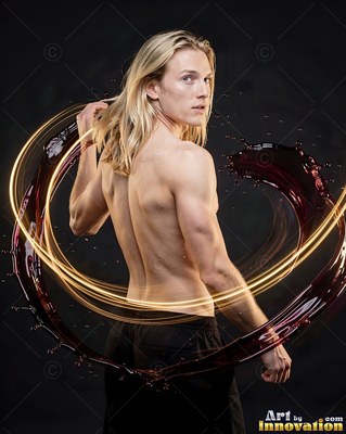 A blond man turns back within spiraling dark red splashes and bright light trails