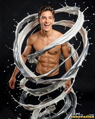 A smiling shirtless man stands as swirls of white and silver liquid splash around him