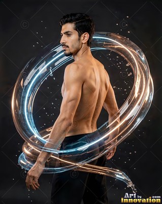 Shirtless man inside a spiral of clear water splashes