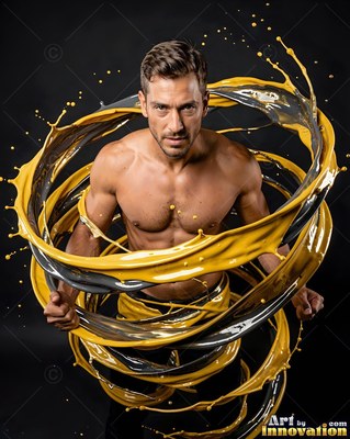 A shirtless man stands surrounded by swirling rings of yellow and gray liquid
