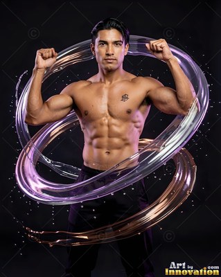 Flexing his arms in a dark studio, a shirtless man stands inside swirling clear water loops