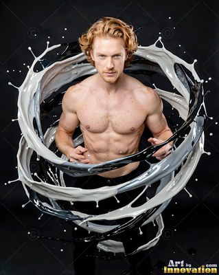 Shirtless man encircled by swirls of black and white liquid
