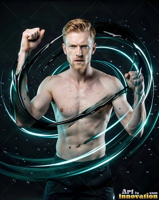 Short red hair on a shirtless man in a dark studio circled by black fluid and cyan light