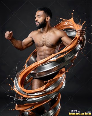 A shirtless man poses in a dark studio inside swirls of metal and paint splash