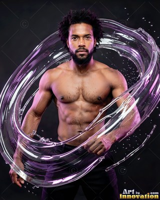 In a dark studio, a shirtless man stands inside a swirling loop of clear water