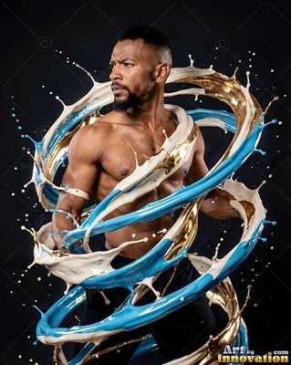 A shirtless man surrounded by swirling blue and gold liquid