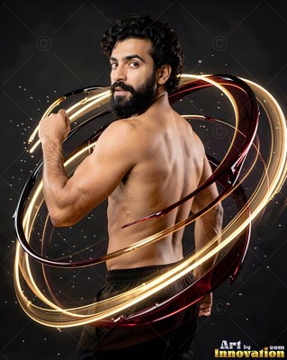 A shirtless bearded man looks back inside bright curved rings of light and fluid in a dark studio