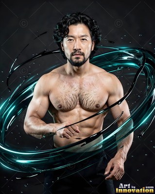 Facing forward in a dark studio, a shirtless man is encircled by teal liquid swirls
