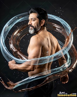 Turning his back, a shirtless man is encircled by rings of water and brown liquid