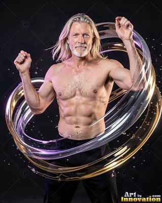 A shirtless older man raises his hands inside swirling rings of gold water