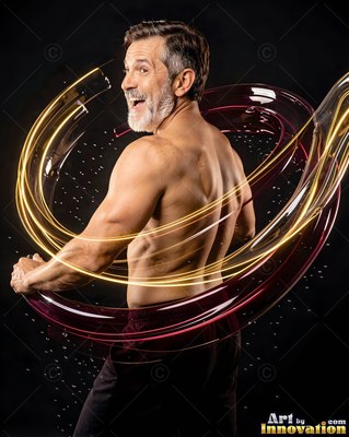 A shirtless man smiles as red and yellow light spirals around him