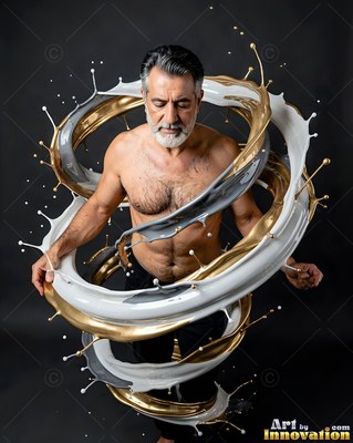 In a dark studio, a shirtless older man stands inside swirling rings of gold and white liquid