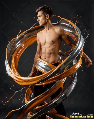 A shirtless man standing inside spirals of orange and silver paint