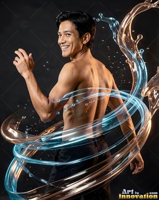 A shirtless smiling man turns as clear water swirls around his torso in a dark studio