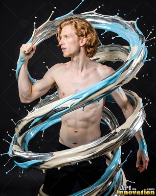 A shirtless man poses as ribbons of blue and white liquid swirl around him