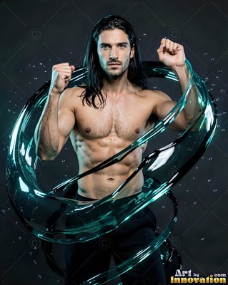 Long dark hair frames a shirtless man surrounded by swirling clear water in a dark studio