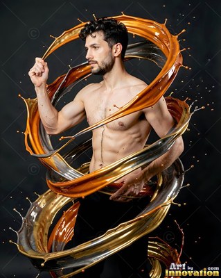 A shirtless man poses as glossy silver and orange liquids spiral around his body