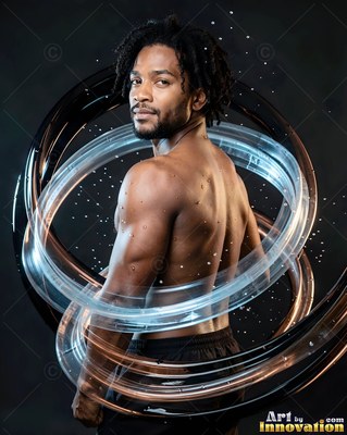 Looking over his shoulder in a dark studio, a shirtless man stands inside clear rings