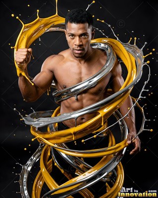 In a dark studio, a shirtless man is circled by swirls of yellow and silver liquid