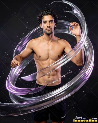 Posing shirtless, a man stands encircled by a spiral of clear purple water