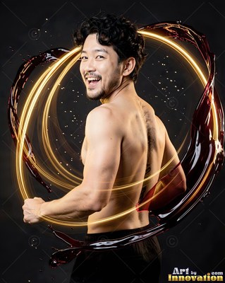 A shirtless smiling man poses in a dark studio circled by loops of light and dark red fluid