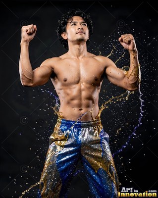 A muscular man flexes his arms as gold liquid splashes around his blue pants