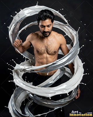 Standing in a dark room, a shirtless man is surrounded by swirling white paint