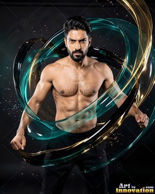 A shirtless man with fists clenched stands inside swirling rings of teal and gold fluid