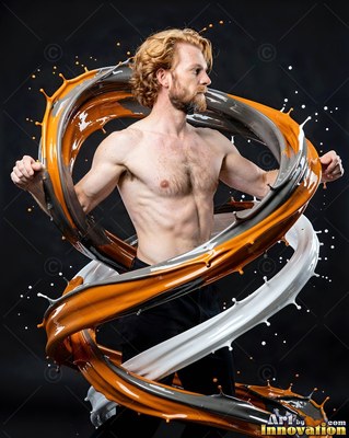 Posing bare-chested, a bearded man is encircled by thick spirals of orange and white paint