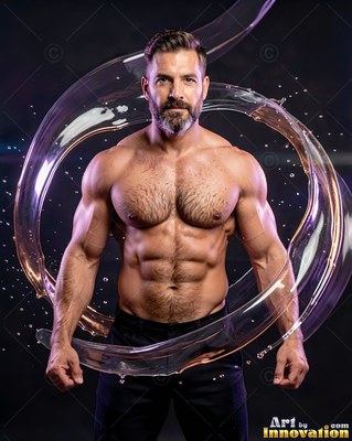 A muscular man stands flexed inside a swirling loop of clear water with purple light reflections