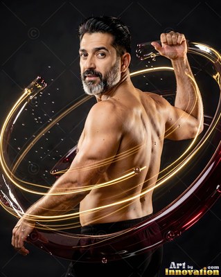 In a dark studio, a shirtless man turns inside swirls of light and liquid