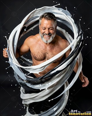 Smiling shirtless man encircled by swirls of black and white paint