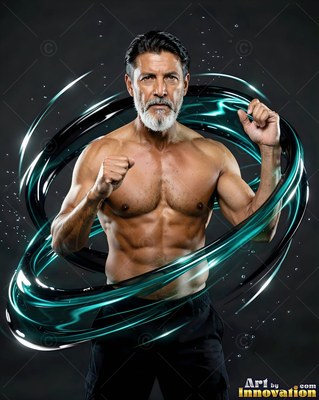 A gray-bearded man raises his fists in a dark studio circled by loops of teal liquid